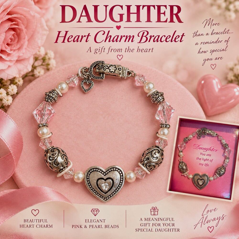Beaded Charm Bracelet Pink & Imitation Pearl Beads Silver Heart Rhinestone